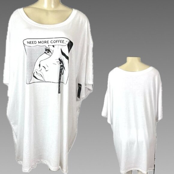Torrid +5 White-Black Crew Neckline Coffee Cartoon Graphic Short Sleeve T-Shirt - Picture 1 of 6